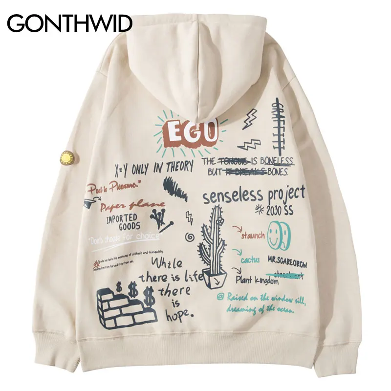 

GONTHWID Hip Hop Ego Cactus Graffiti Print Fleece Hooded Hoodies Pullover Sweatshirt Streetwear Men Fashion Harajuku Casual Tops