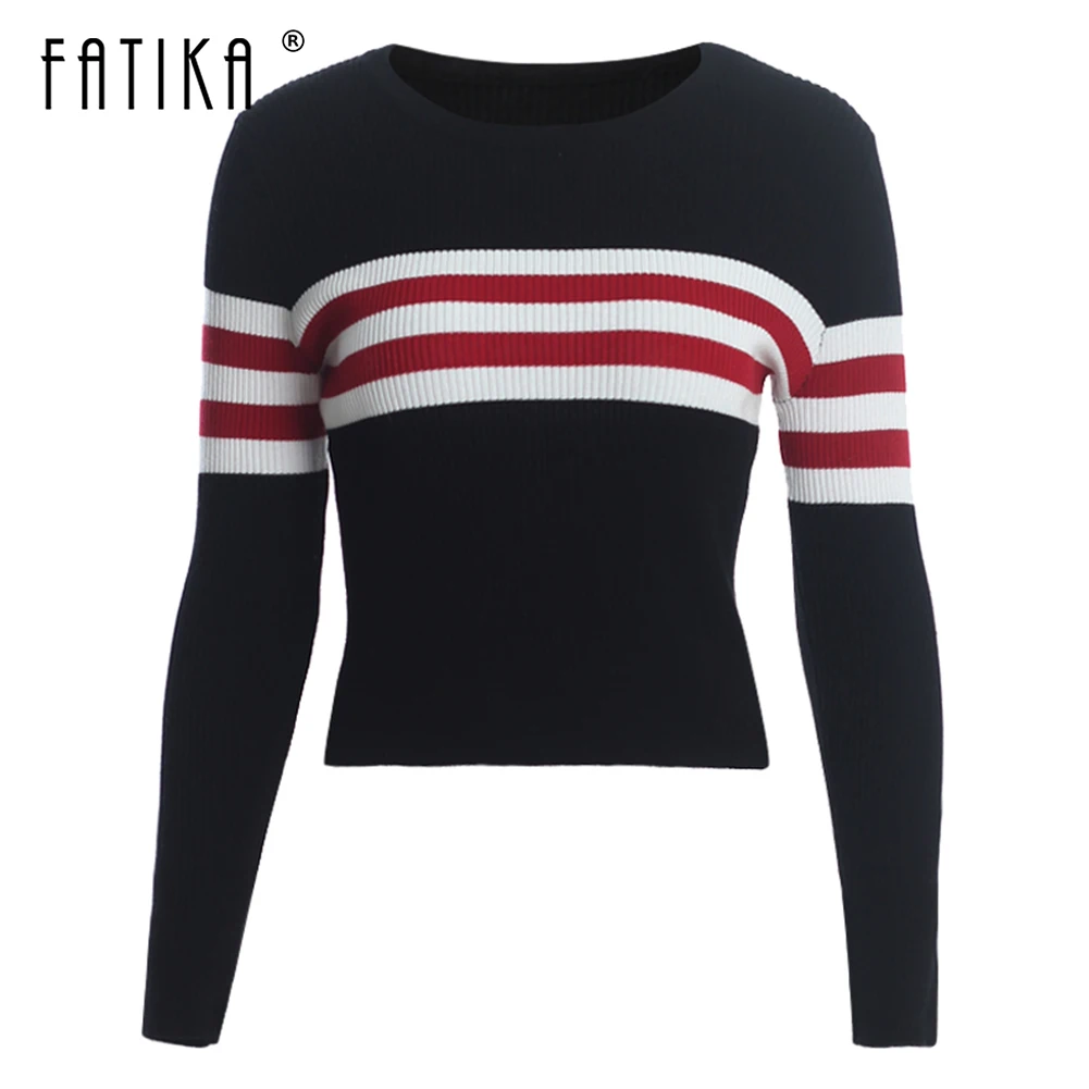 

Fatika 2018 Autumn Winter Pullovers Sweaters O Neck Trendy Striped Sweaters Fashion Slim Knitted Women's Clothing For Women