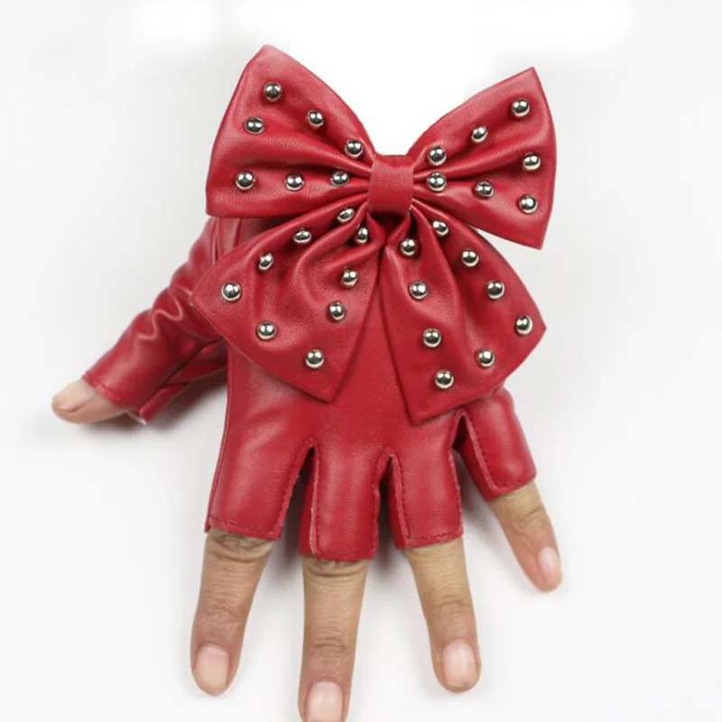Модные женские панковские танцевальные перчатки с заклепками на половину пальца, Женские Спортивные Перчатки для фитнеса из искусственной кожи с бантом, тактические перчатки без пальцев S83 - Цвет: Wine Red