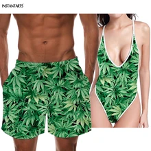 INSTANTARTS Зеленый завод конопли лист сорняков печати пары купальники женщина спинки Монокини мужские плавки Купальные пляжные костюмы