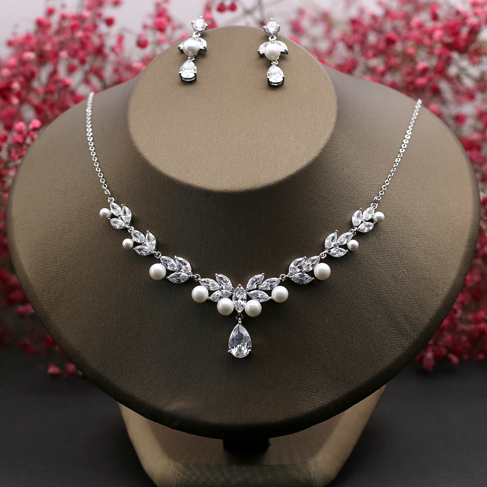 

2pcs/set Bridal Wedding Jewelry Sets Simulated Pearl Necklace Choker Cubic Zirconia Earrings Women Bijoux Fashion Jewellery Gift