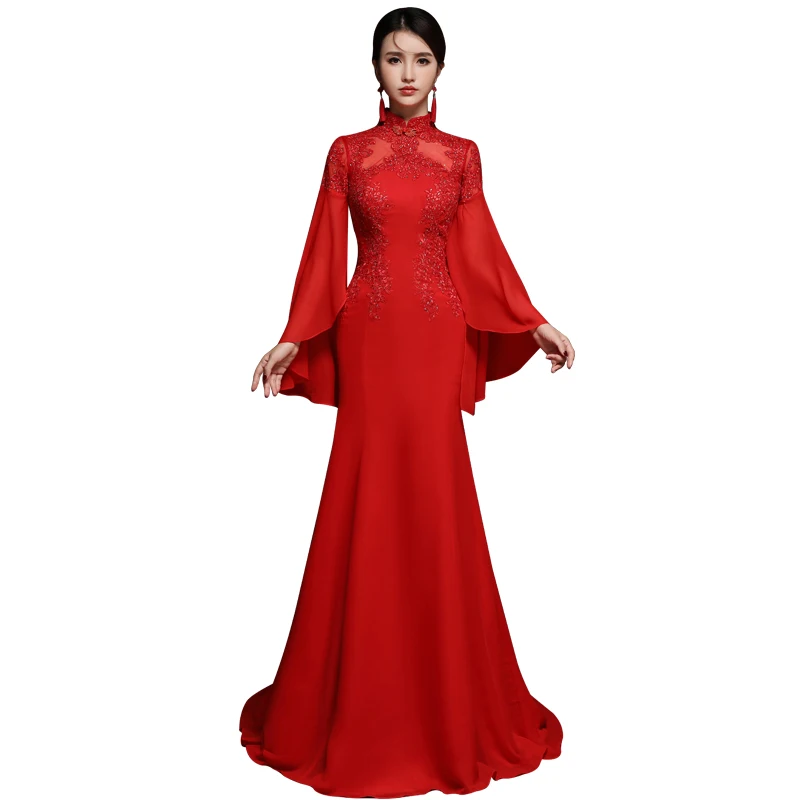 Свадебные платья для вечеринок спинки вышивка китайский красный Cheongsam с расклешенными рукавами сексуальные платья невесты TS791