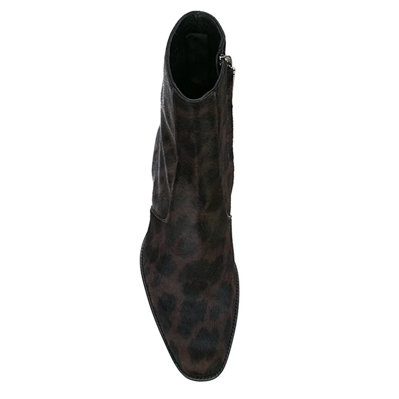 Brown Leopard Print suede wedge zipper boots western style cowhide suede brogue formal business men Boots