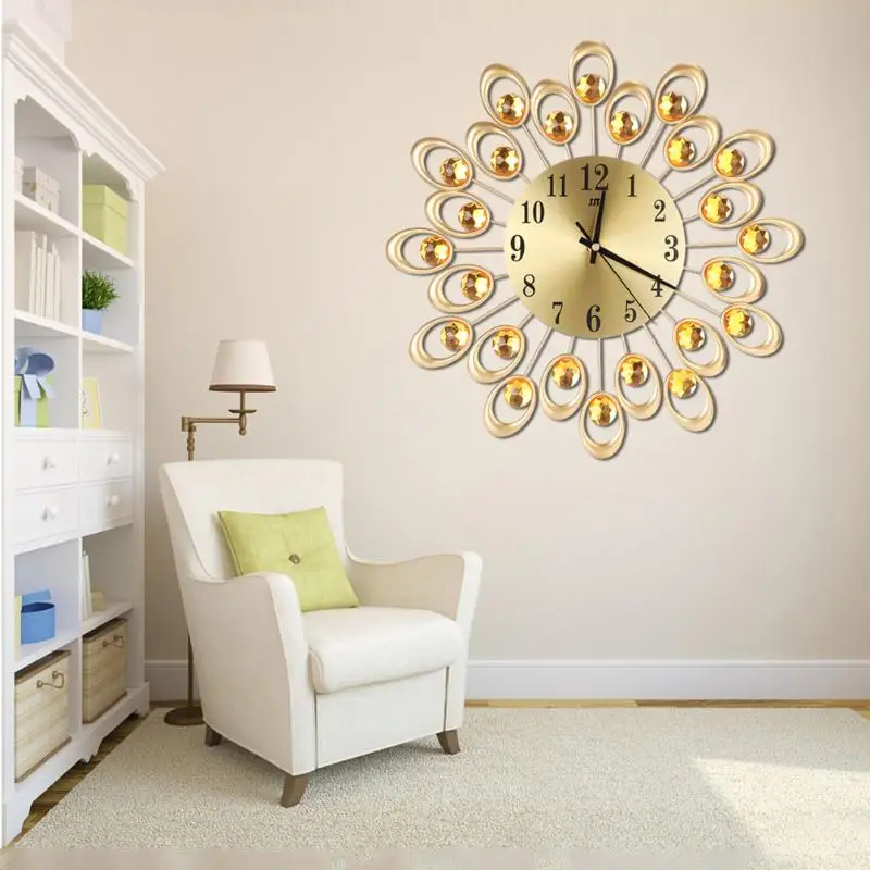 

Luxury Diamond Flower Large Wall Watch Vintage Metal Art Wall Clock Living Room Silence Bedroom Modern Design Home Decor Clock