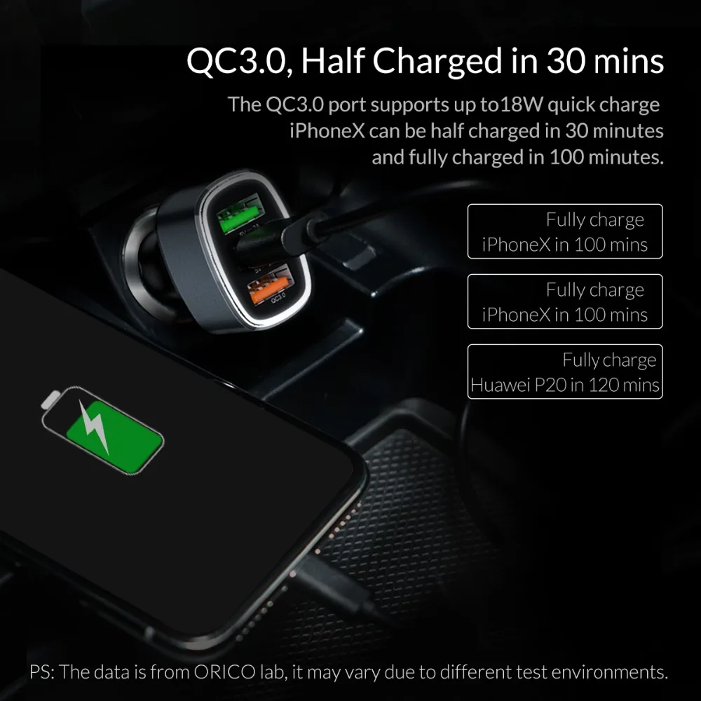 ORICO 33W 3 USB Ports Quick Charge QC 3.0 Car Charger for iPhone XR XS MAX 8 Samsung S10 Charger Mobile Phone Fast Car-Charger Fast charge 18w