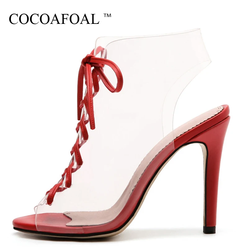 

COCOAFOAL Women Transparent Heels Sandals Plus Size 33 43 Open Toe Shoes Sexy Peep Toe Red Green Lace Up Transparent Sandals
