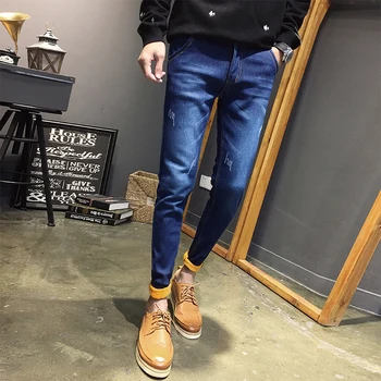 

Mens Winter Blue Jeans Mens Fashion Casual Slim Fleece Thicken Warm Denim Pencil Pants High Quality Cotton Solid Jeans Size 36