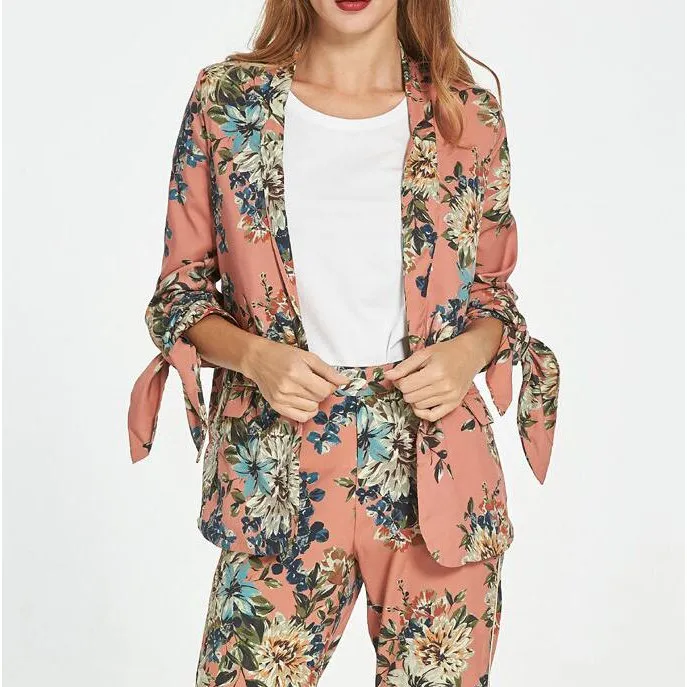 Fashion font b Women b font Floral Print Blazer font b Jacket b font Bow Long