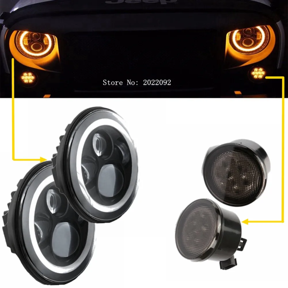 

2 x 7" 40W H4 H13 LED Headlight DRL Angel Eyes halo Ring Turn Signal light with 2 x Front LED Turning Signals 3w for Wrangler