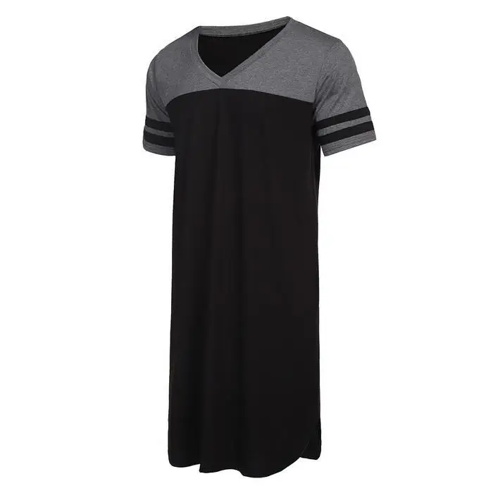 Ekouaer для мужчин длинные ночные рубашки для мальчиков пижамы V образным вырезом короткий рукав контрастного цвета по колено женское нижнее
