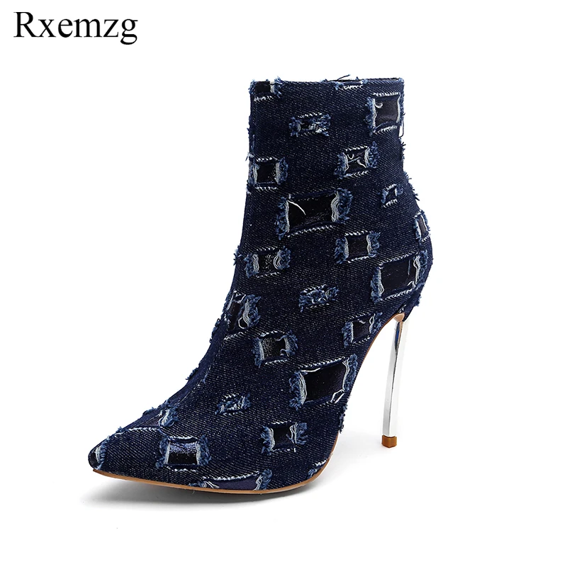 Blue Tacones 12 Felpa Zapatos Denim De Del La Blue Dark Punta Botines Calzado Borla Moda light Pie Dedo Señoras Sexy Mujeres Invierno Botas Cm Rxemzg qStHwq