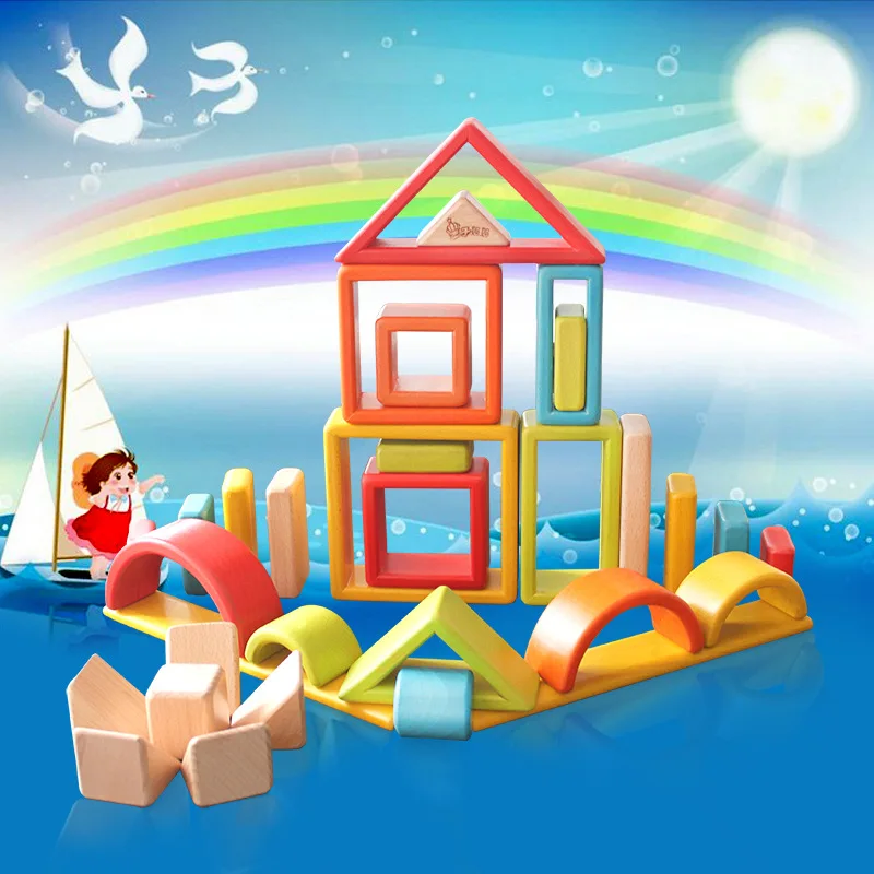 

baby educational toy wooden building blocks in rainbow color with window and arch bridge shapes very good quality