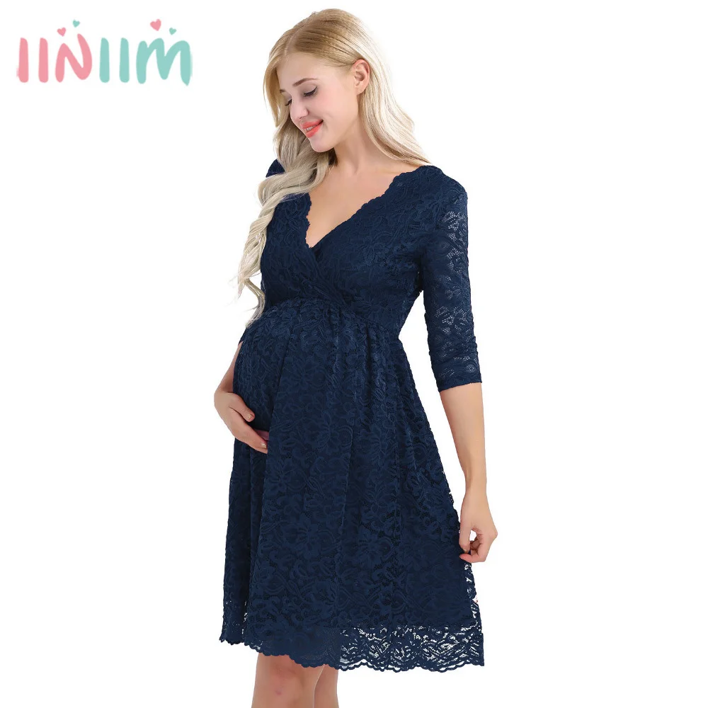 Womens Maternity Elegant Floral Lace Overlay V Neck Half Sleeve Knee Length Pregnant Photography Dress for Take Part Weeding Womens Maternity Elegant Floral Lace Overlay V Neck Half Sleeve Knee Length Pregnant Photography Dress for Take Part Weeding