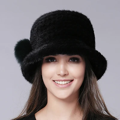 FURTALK Роскошные Трикотажные норки шляпа Fedora Ковша hat зимние меховые шапки для женщин - Цвет: Dark Green Pom Pom