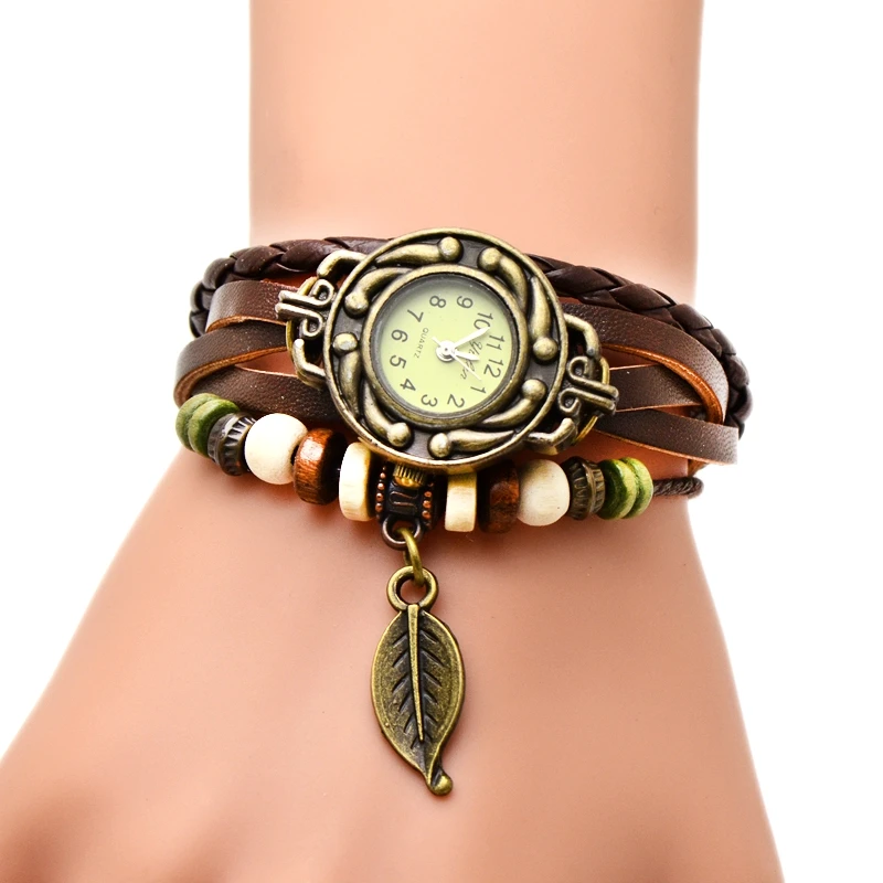 Ouriner Women Watches Vintage Leather Bracelet Watches Woman Watch leaf