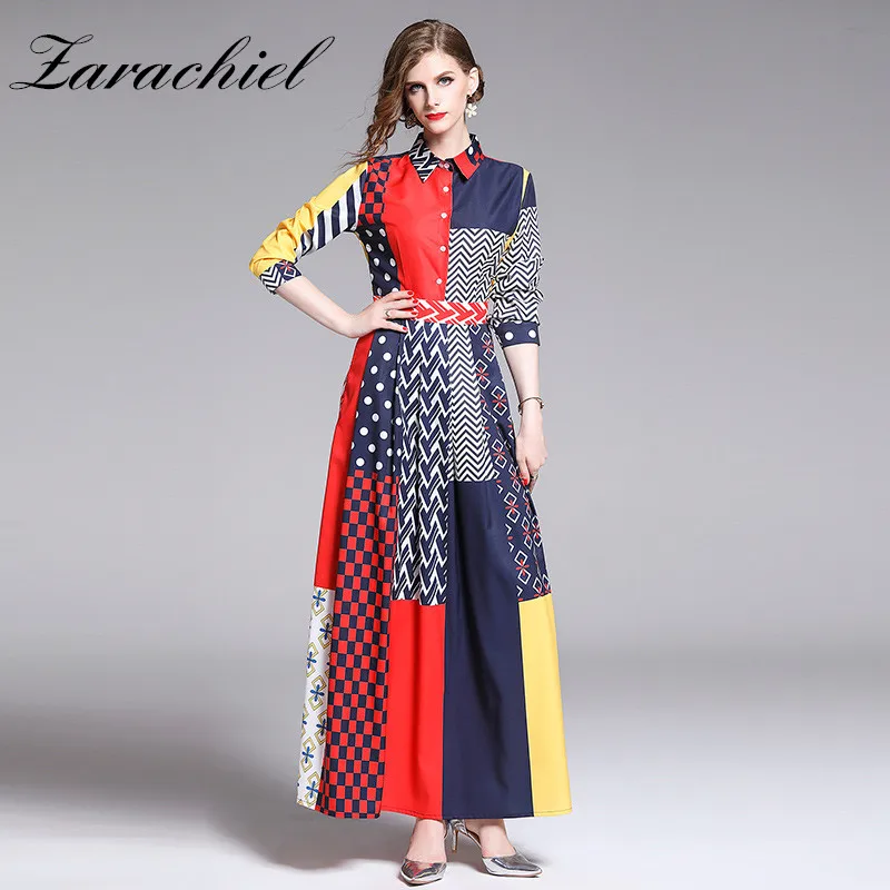 Autumn Winter Elegant Maxi Dress Women Vintage Contrast Color Geometry Pattern Printed Casual Turn-Down Collar Long Dress