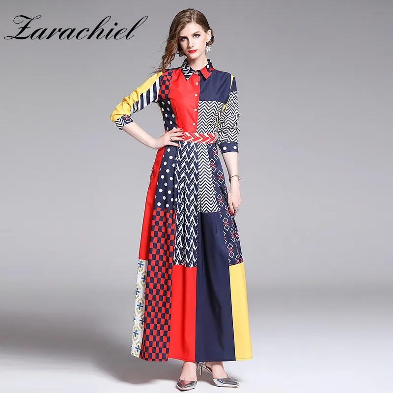 

2019 Autumn Winter Elegant Maxi Dress Women Vintage Contrast Color Geometry Pattern Printed Casual Turn-Down Collar Long Dress
