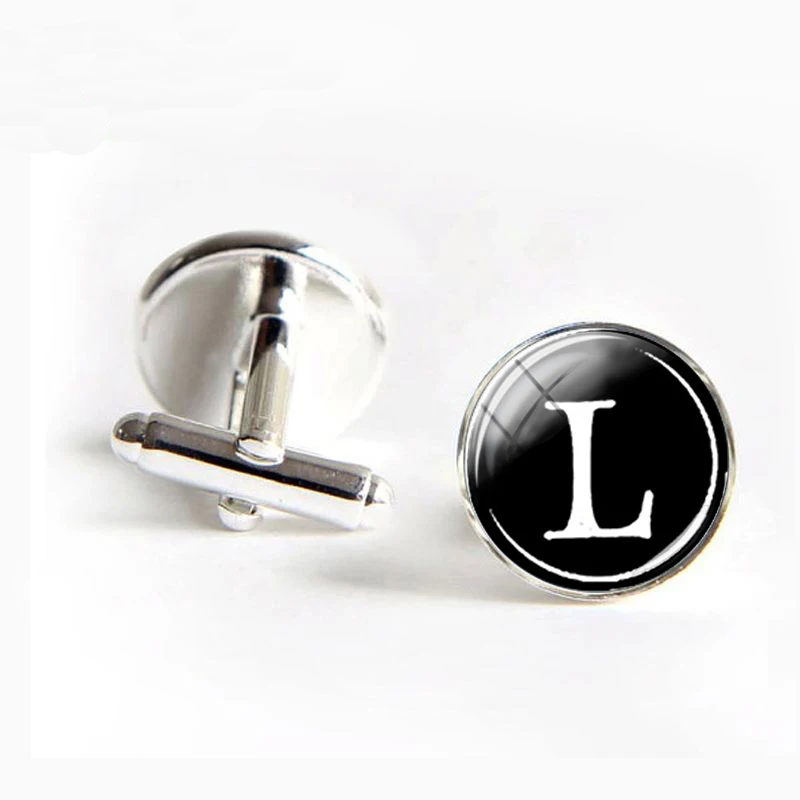

2019 New Fashion Round White and Black Letter Cufflinks Silver Glass Pattern Pendants Cufflinks Jewelry