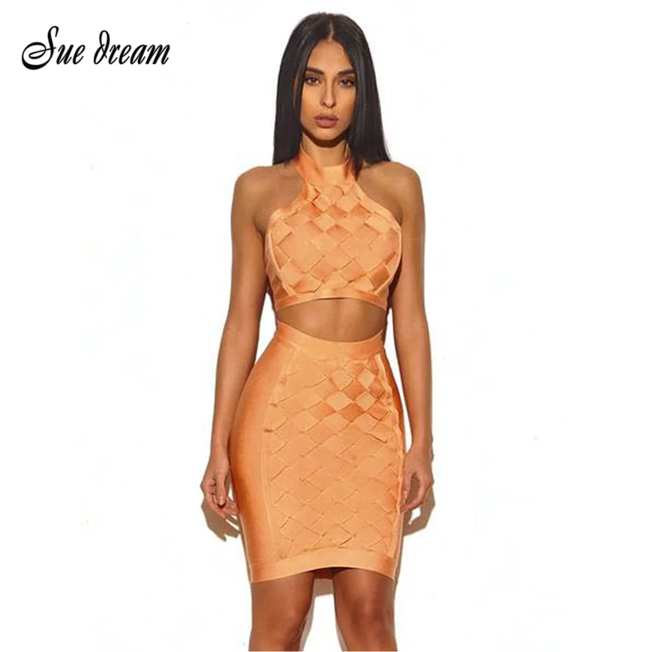 Handmade-2-pe-a-Definir-a-Forma-Das-Mulheres-Halter-Strapless-Mangas-Bandage-Vestidos-Weave-Malha