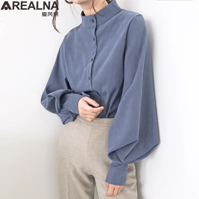 Blusas Mujer Moda Весенняя Элегантная блузка с воротником стойкой женская длинным