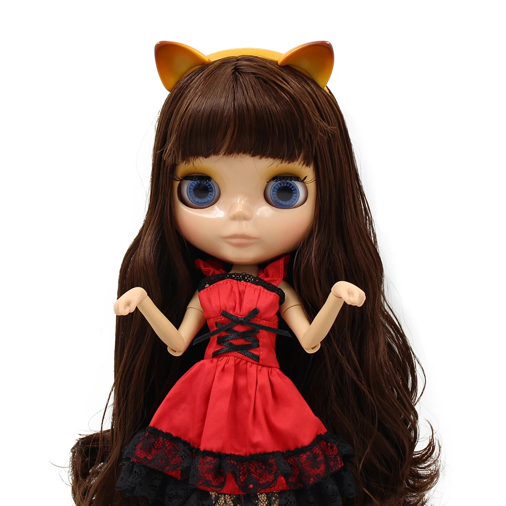 1/6 фабричная кукла blyth, игрушка из коричневых волос с челкой, загорелая кожа, повязка на голову для кошки, красное платье, обувь для кошки, комбинация 1/6, 30 см