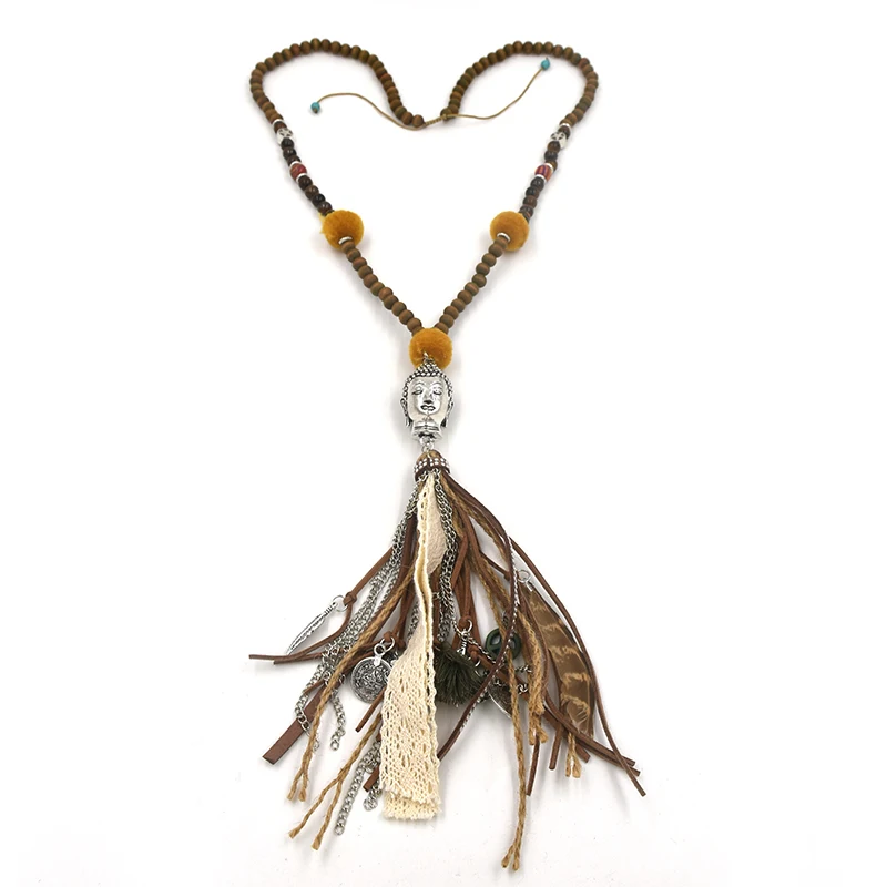 2017 New Boho Tibet antique Silver buddha pendant necklace leather lace Tassel velvet ball beaded chain Necklace