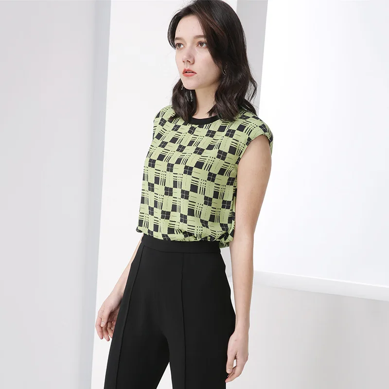 

Heavy Silk T Shirt Summer Plaid Print Fruit Green Women Tops Casual Loose Pullover harajuku Tee aesthetic poleras mujer koszulki