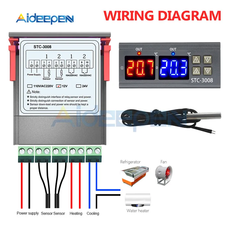 STC-3008 3018 3028 AC 110V 220V DC 12V 24V 10A Двойной Цифровой температурный контроллер гигрометр Отопление охлаждение два релейных выхода