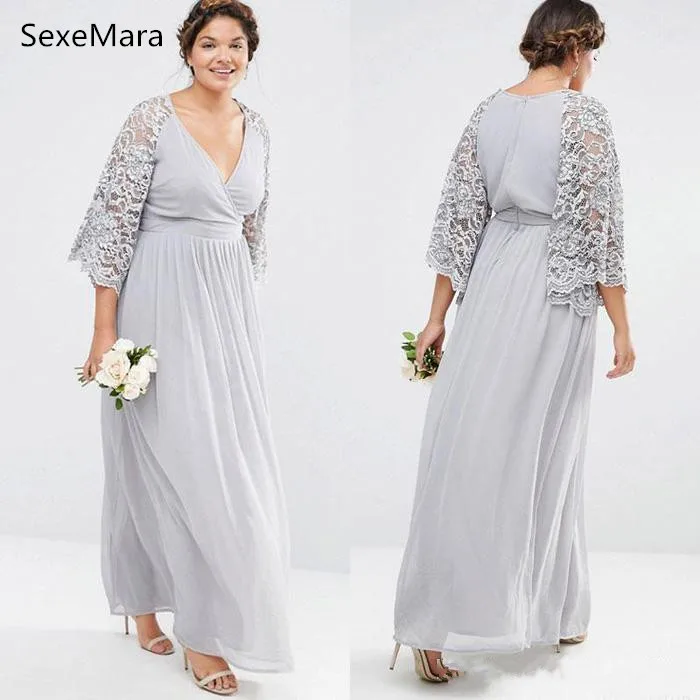 

Customized Chiffon Mother of The Bride Dress with Lace Sequins Zipper Back Three Quarter length Of Sleeves Wedding Guest Dress