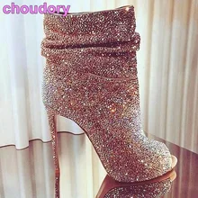 Блестящие женские полусапожки с кристаллами; ботильоны на шпильке с открытым носком; блестящие модельные туфли-лодочки со стразами; Свадебная обувь