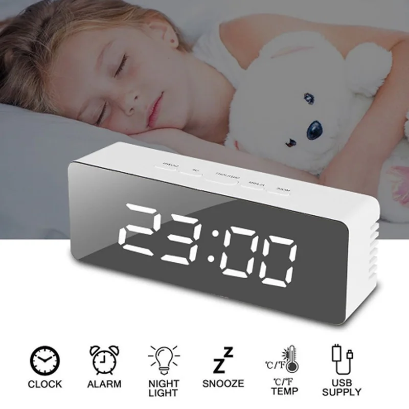 

USB multi function mirror digital alarm clock makeup mirror alarm and nap function mirror clock, indoor thermometer night LED