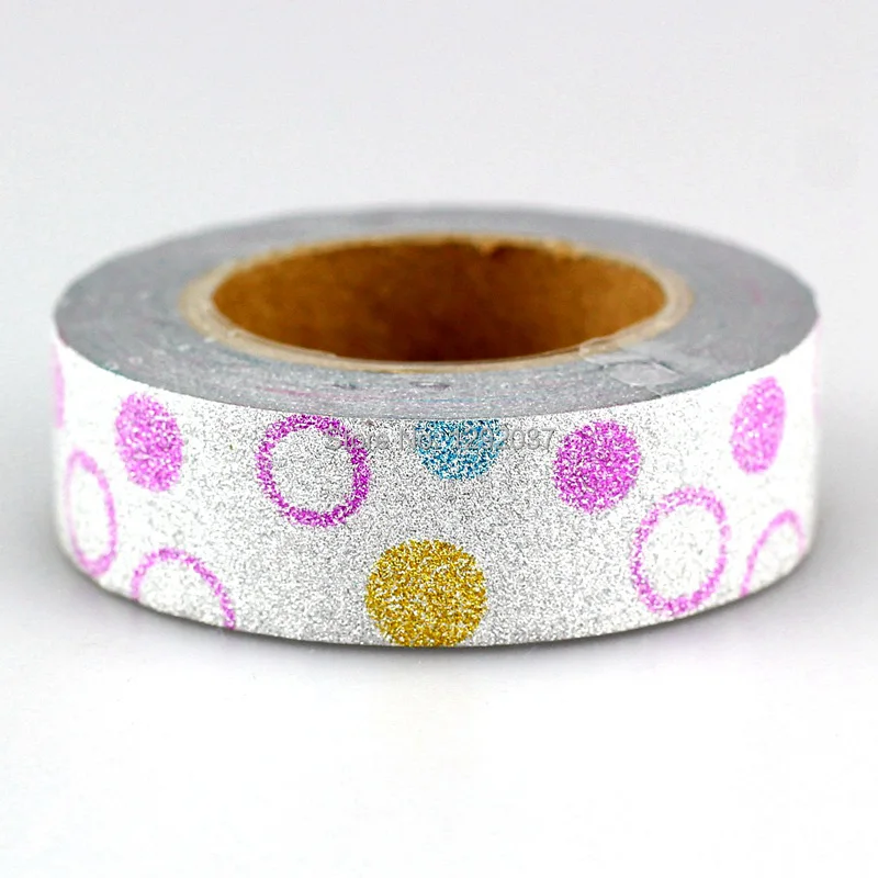 1PC 15mm*10m Rainbow Polka Dots Glitter Tape Decorative Washi Tape
