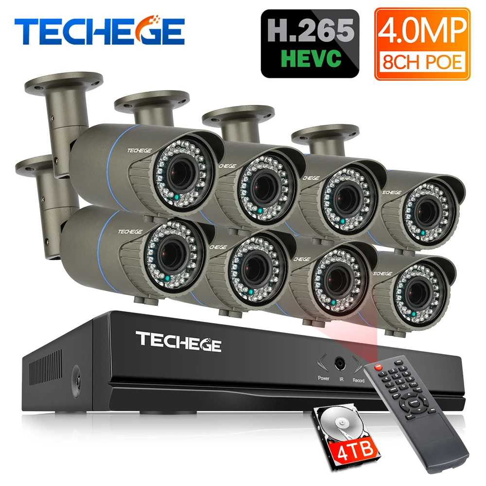Techege H.265 8CH PoE NVR 8 шт. 2 12 мм Maunal объектив 4.0MP IP камера POE Система P2P облачная система