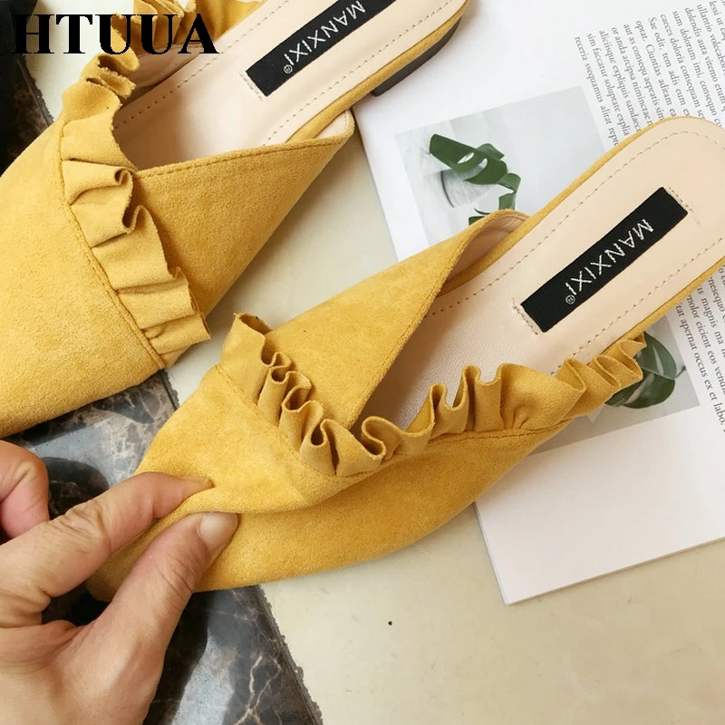 

HTUUA High Quality Soft Flock Slippers Women Slip On Mules Shoes Spring Summer Autumn Ladies Shoes Flat Slides Flip Flop SX1311