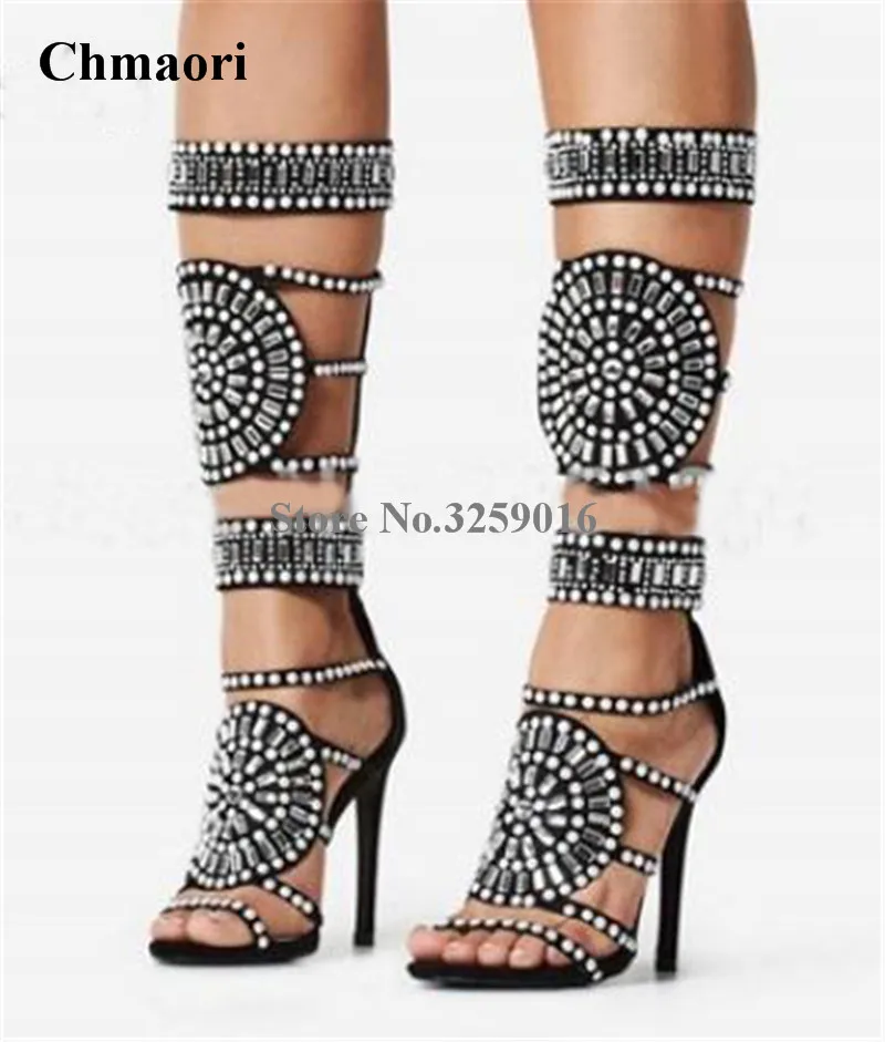 

High Quality Women Fashion Open Toe Rhinestone Mid-calf Gladiator Boots Cut-out Crystal Black White High Heel Boots Dress Shoes