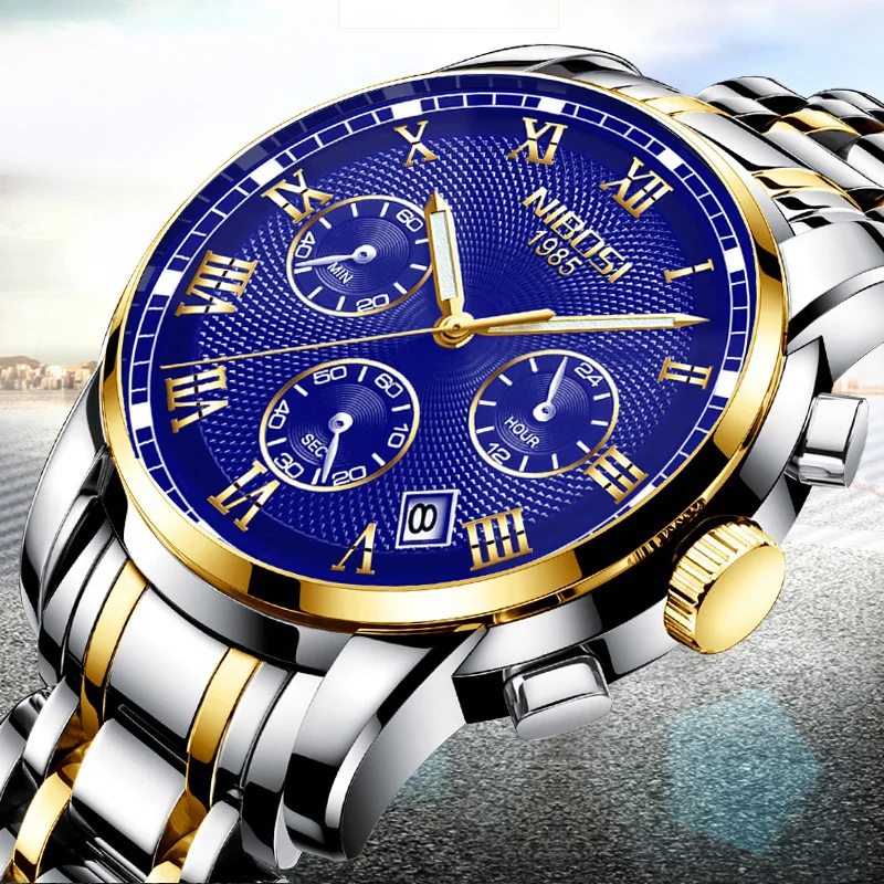 

NIBOSI Watches Chronograph Men Watch Gold Blue Fashion Male Clock Man Quartz Men Watches Stainless Steel Sport Mens Watches Blue