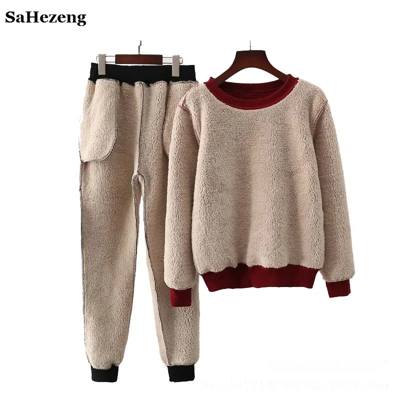 

Winter Super Warm Women Cashmere Sets Two Pieces 2018 Thick Loose Hoodies and Long Pants Sets Fashion Female Sets Suits A92-1