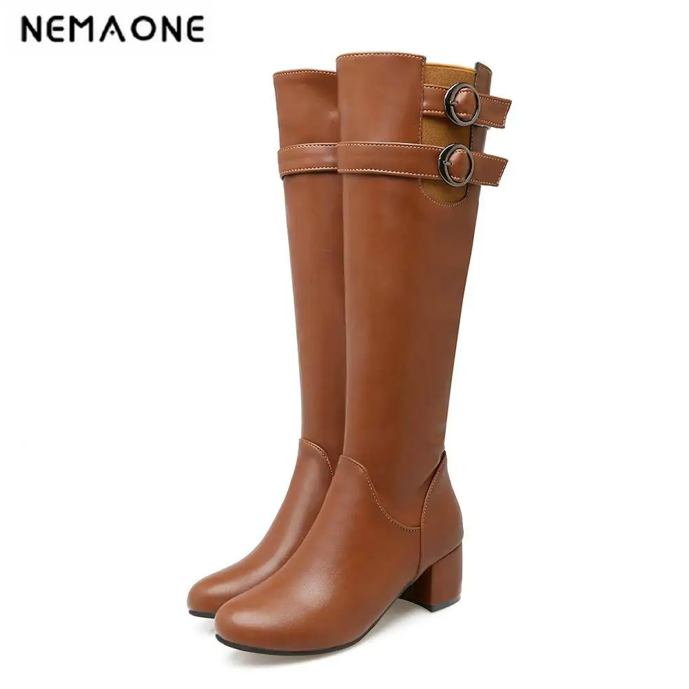 

Big Size 34-43 Women New Knee High Boots Women Motorcycle boots Long Boots square heel high Heel boots PU Leather Shoes