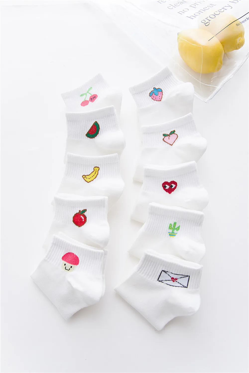 Новые летние хлопковые женские носки забавный Harajuku фрукт банан завод Вишневый любовь белый японские милые, миленькие в японском стиле(«Каваий»), короткие носки с принтом «Лучший подарок