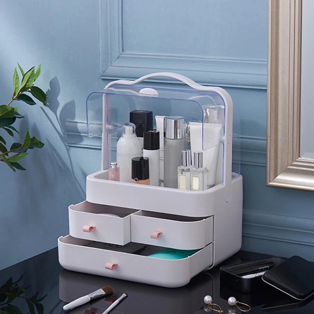 

Drawer-Type Desktop Storage Box Cosmetic Makeup Container Waterproof Dustproof Large Space Home Storage With Handle (Pink)