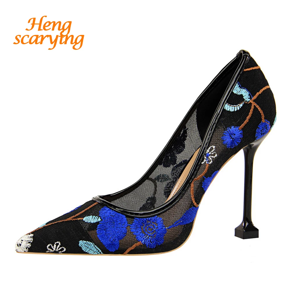 

HENGSCARYING Women 10cm Extreme High Heels Sexy Pointed Toe Blue Heels Pumps Valentine Embroider Mesh Scarpins Wedding Shoes