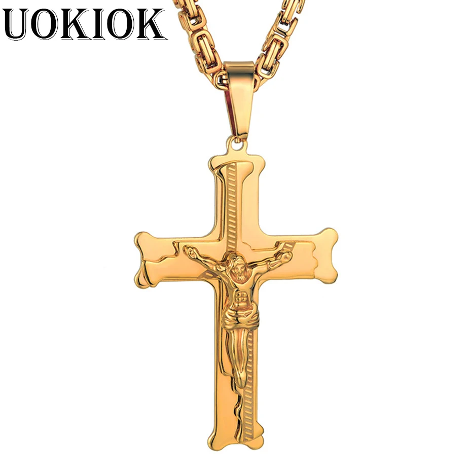 

Christian Crucifix Christ Cross Jesus Pendant Necklace Gold Color Stainless Steel Link Byzantine Chain Heavy Men Jewelry Gift