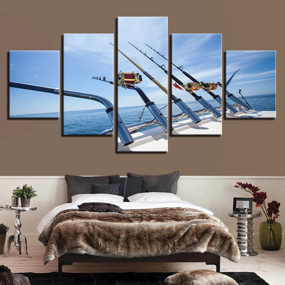 

Canvas Prints Posters Wall Art Pictures Framework 5 Pieces Fishing Rod At Sea Sailing Landscape Paintings Living Room Home Decor