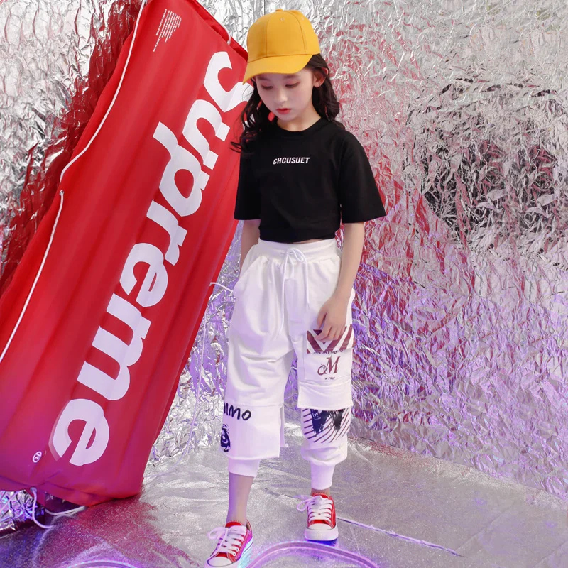 Kids Hip Hop Clothing Outfits Jazz Dance Costume for Girls Cropped Tshirt Top Silver Jogger Pants Ballroom Dancing Streetwear