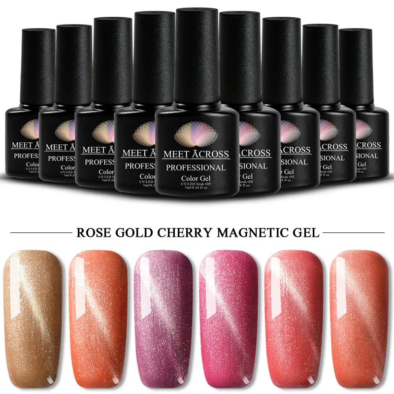 

MEET ACROSS Rose Gold Nail Gel Varnish UV LED Cat Eye Gel Nail Polish Magnet Hybrid Lucky Lacquer Gel Stamping Primer Base Top