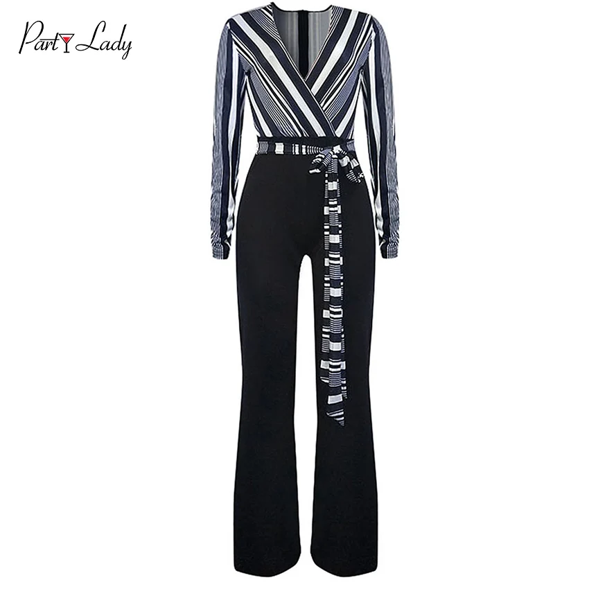 Party Lady Sexy Striped Jumpsuits For Women 2018 Deep V-neck Patchwork Full Sleeve Club Rompers Womens Jumpsuit Mix Color -C