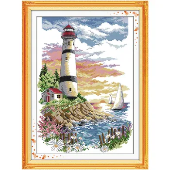 

Lighthouse Seaside Scenery Painting 11CT Counted Printed On Canvas DMC 14CT Chinese Cross Stitch kits Embroidery Needlework Sets