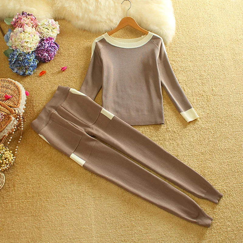 

Women Knit Sweaters Long Pants 2PCS Sets O Neck Long Sleeve Sweater Pullovers Trousers Suits