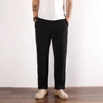 

spring summer retro straight loose pants men high quality cotton linen breathable casual pants male black trousers drawstring