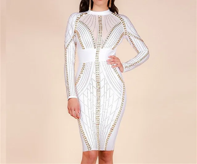 

Winter Women Bandage Dress 2018 Celebrity Party Club Dress White Long Sleeve Sexy Bodycon Dress Clubwear Vestidos